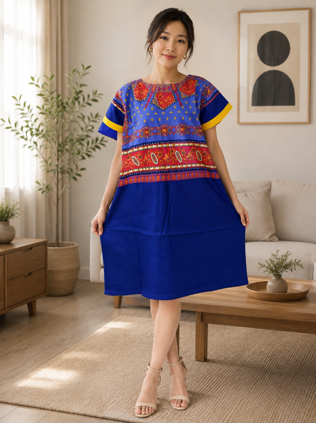 Robe bleue midi à empiècement imprimé africain coloré