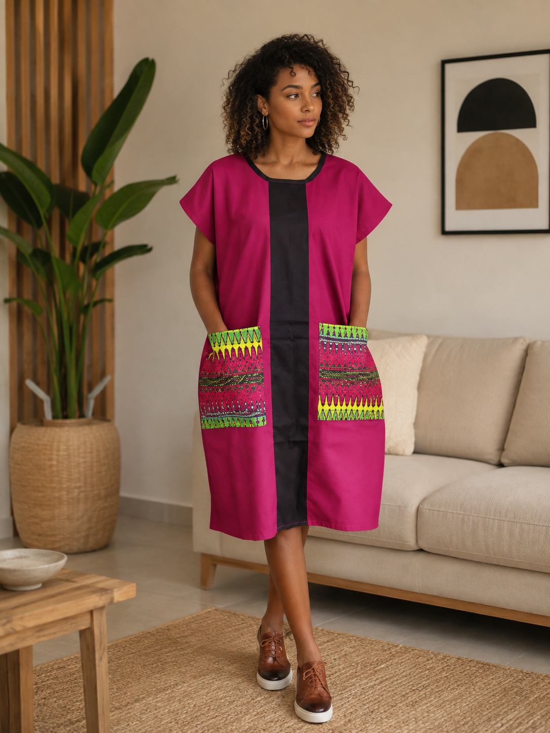 Robe droite fuchsia à empiècements africains colorés