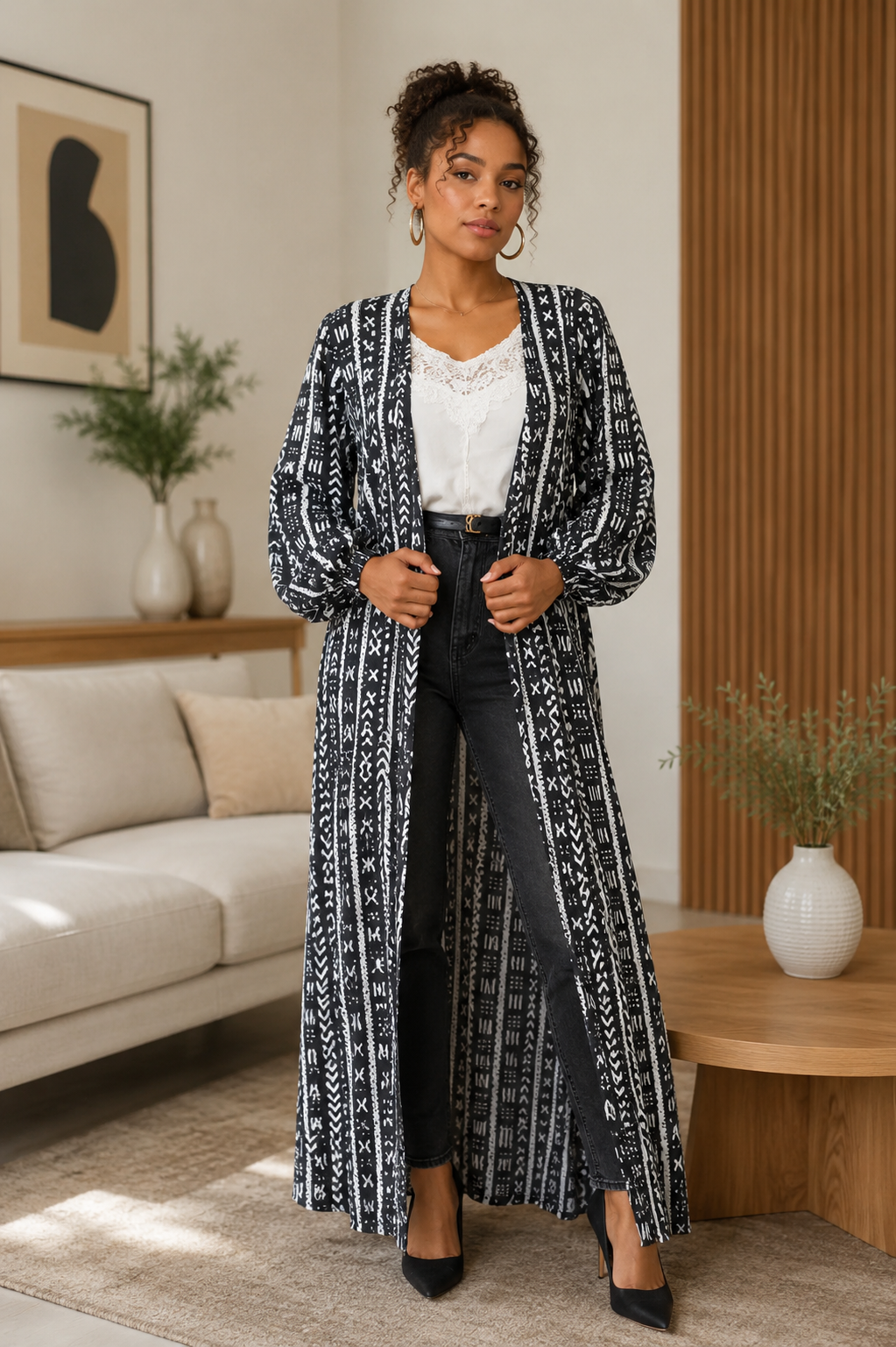 Veste |kimono bogolan| longue femme imprimée noir et blanc