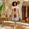 Robe droite gris perle à empiècement imprimé africain