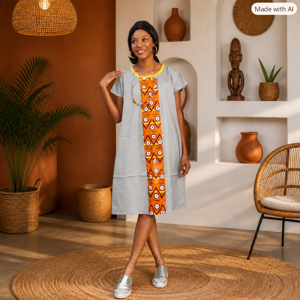 Robe droite gris clair à bande centrale imprimée africaine