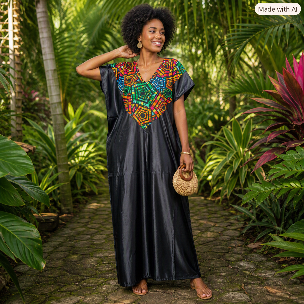 Robe longue noire à empiècement africain multicolore