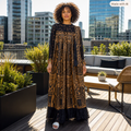 Robe longue noire et camel à motifs géométriques avec dentelle
