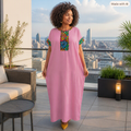 Robe longue rose à empiècements imprimés multicolores