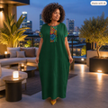 Robe longue vert émeraude à empiècement africain multicolore