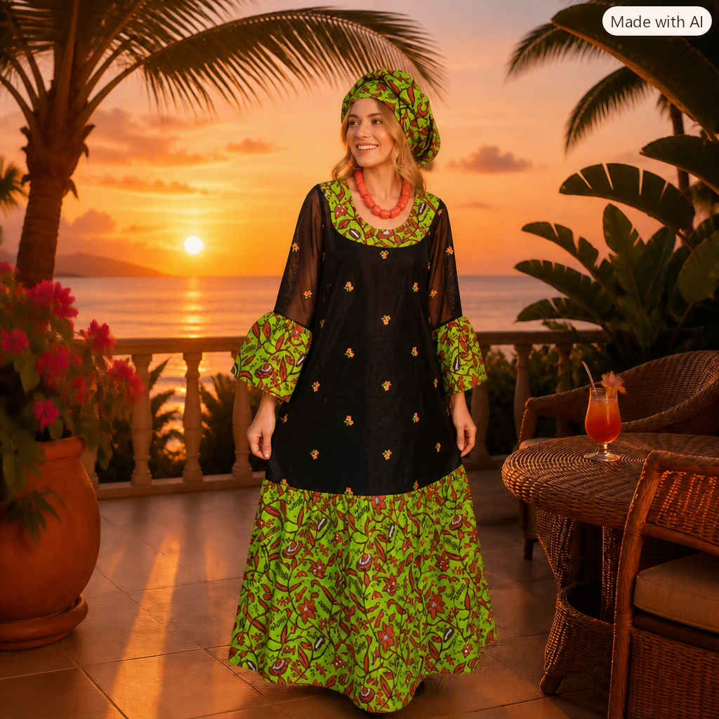 Robe longue noire et verte à imprimé africain