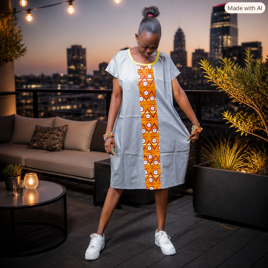 Robe droite gris perle à bande centrale africaine orange