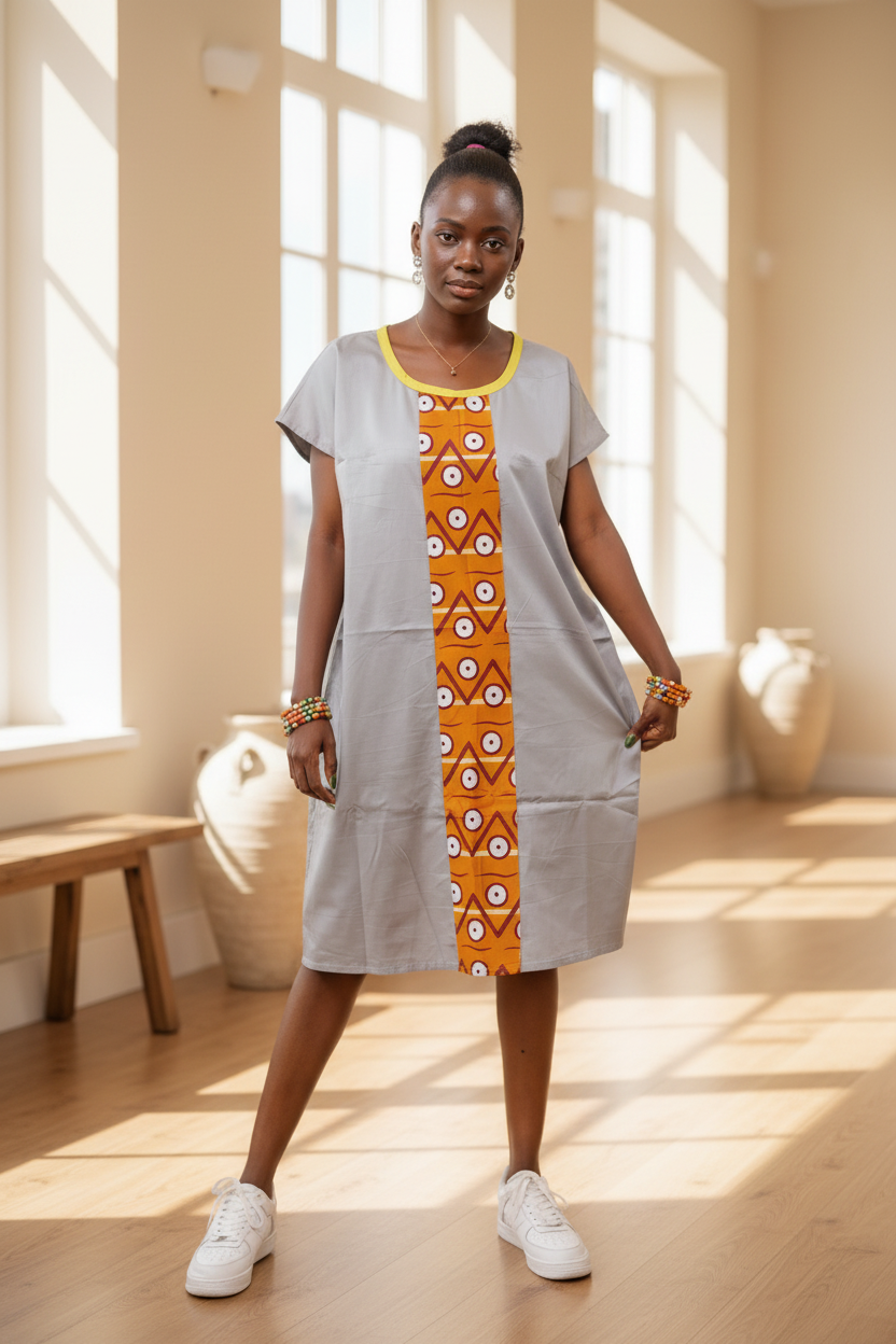 Robe droite gris perle à bande centrale africaine orange