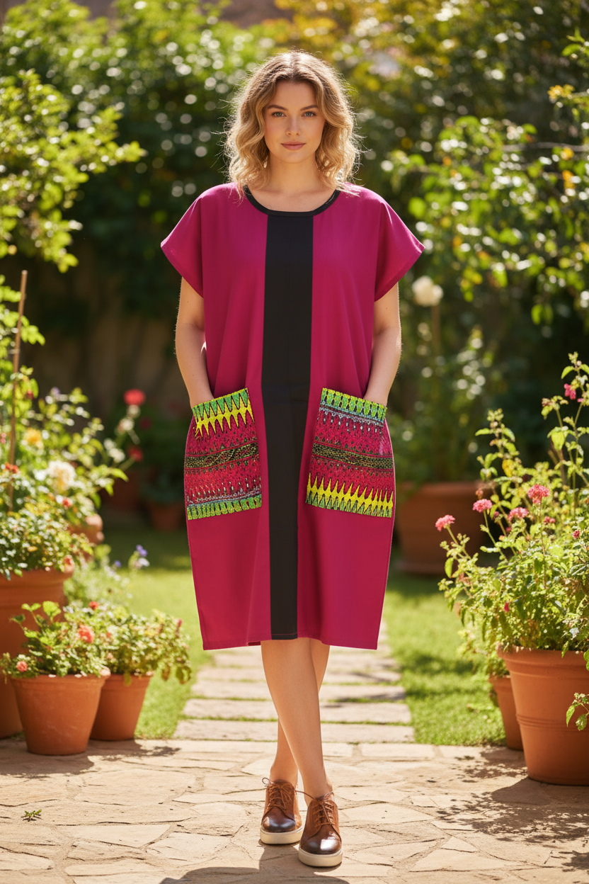 Robe droite fuchsia à empiècements africains colorés