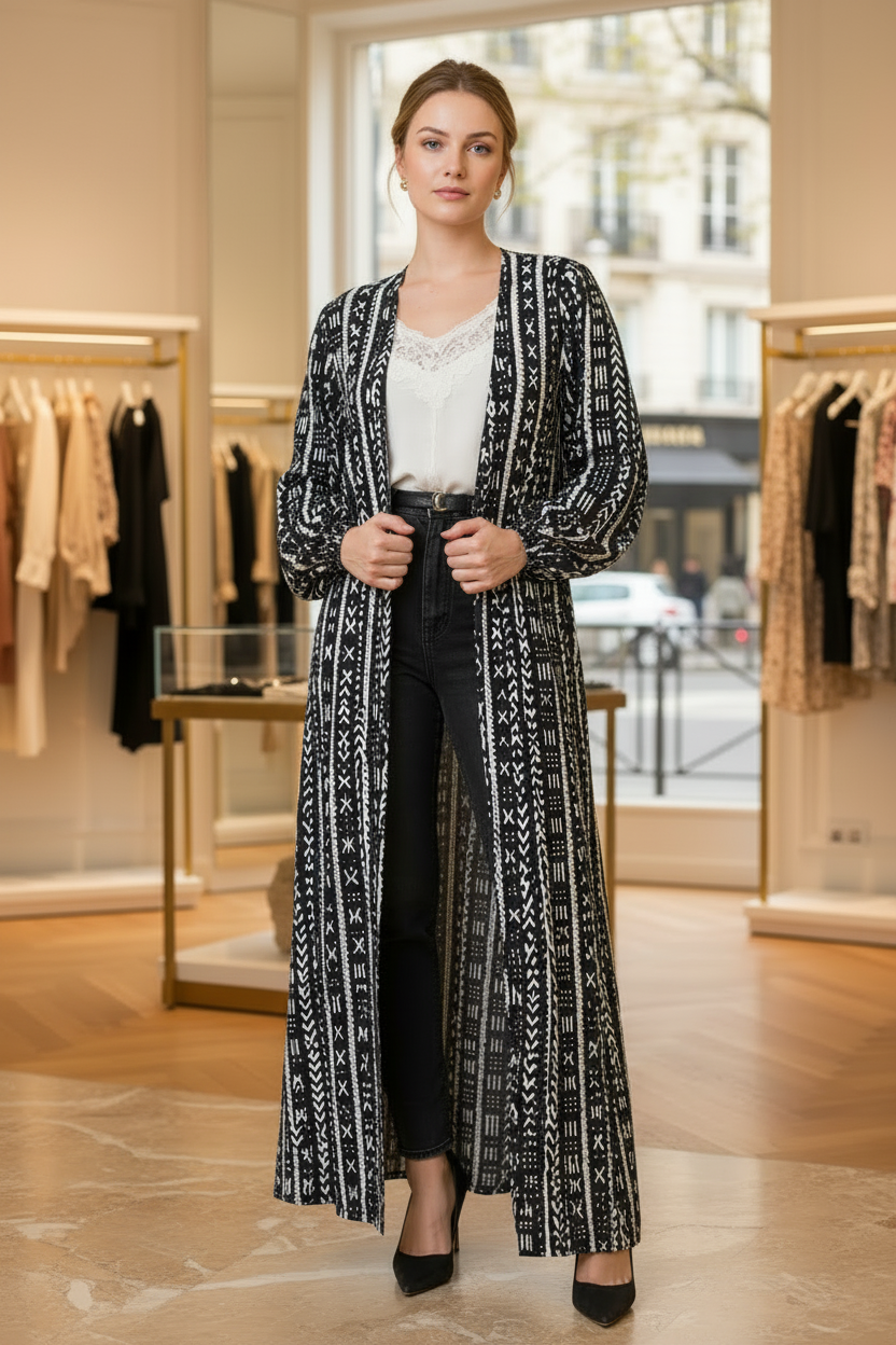 Veste |kimono bogolan| longue femme imprimée noir et blanc
