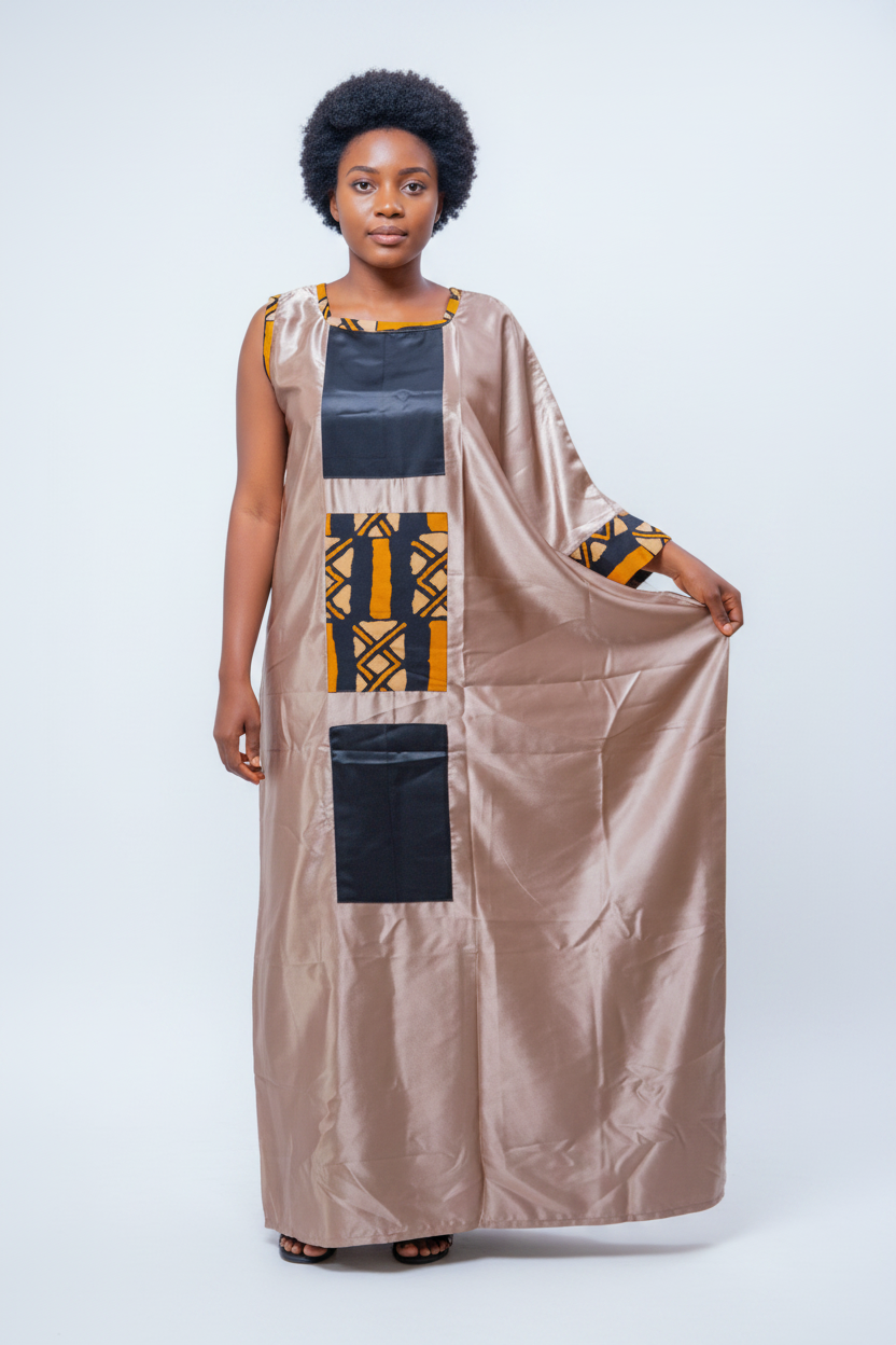 Robe longue ample beige rosé à détails géométriques noirs et orange